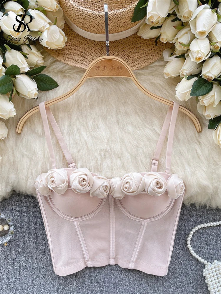 SINGREINY Female Rose 3D Flower Sexy Camisole Sleeveless Strapless Short Tank Tops Women Sheath Corset Streetwear Camis apricot