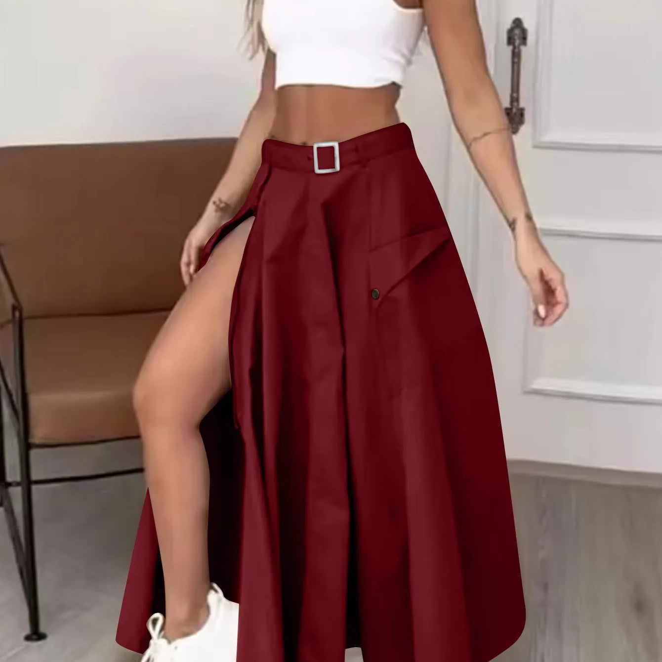 Women Fashion Pocket Front Zipper Slit Slim High Waist Maxi Skirt Streetwear Casual Safari Solid Long Skirts Burgundy