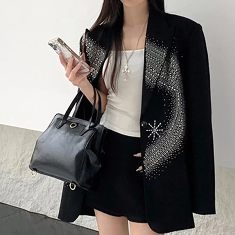 Solid Loose Spliced Hot Fix Elegant Jackets for Women Lapel Long Sleeves Patchwork Button Jacket Female Fashion New