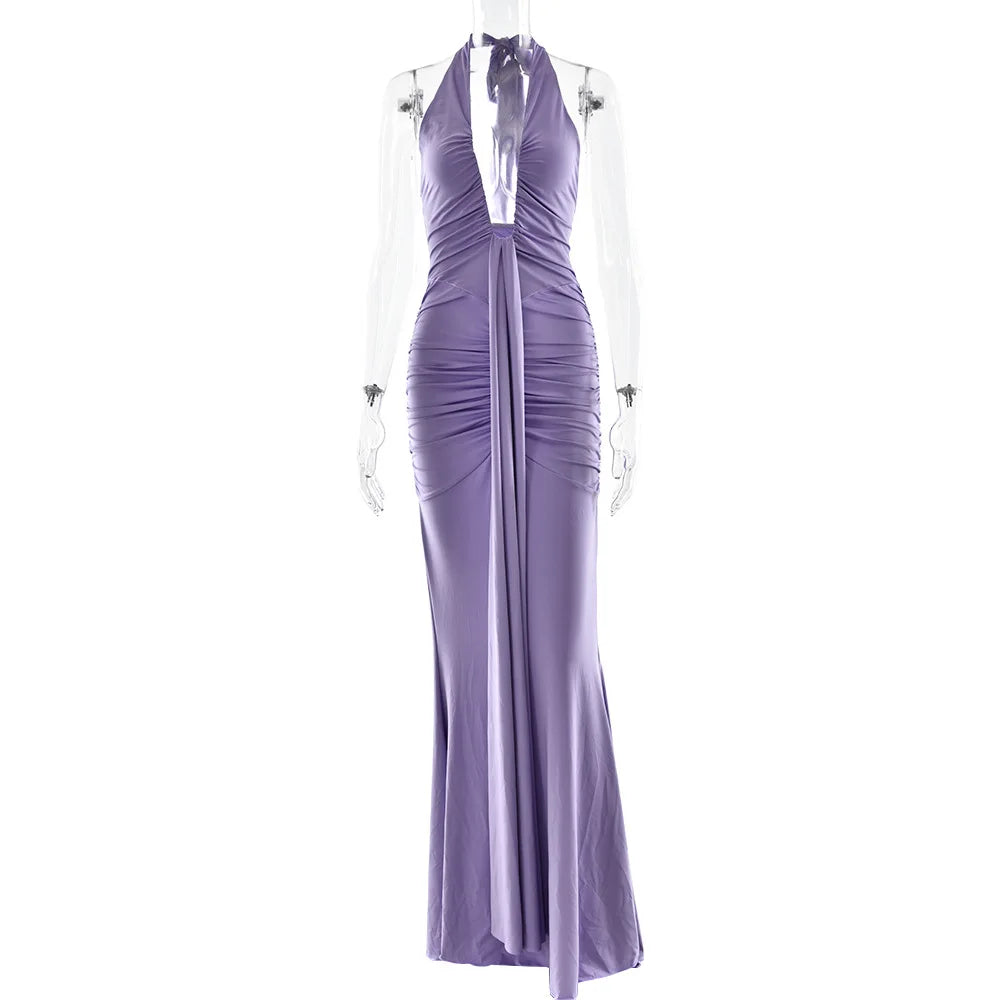 Women Halter V-neck Stacked Ruched Backless Bodycon Midi Maxi Long Dress 2025 Vacation Birthday Sexy Party Club Dresses Light Purple