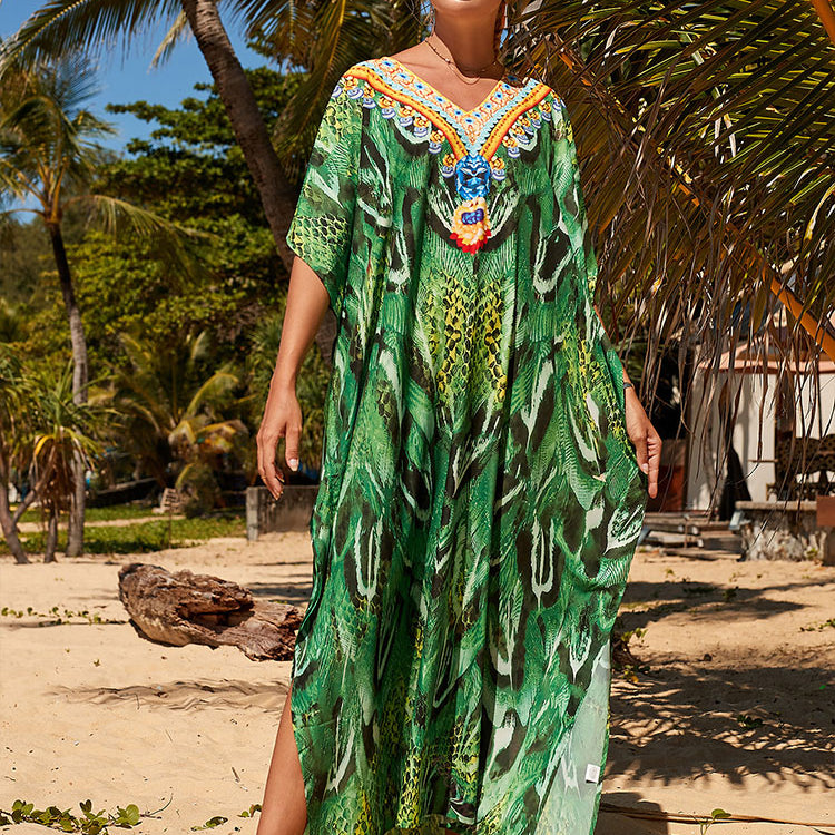 Plus Size Multicolored Loose Dress Cotton Tunic Women Large Size Beach Wear Kaftan Bohemian Printed Loose Beach Dresses Q1336-1084 One Size