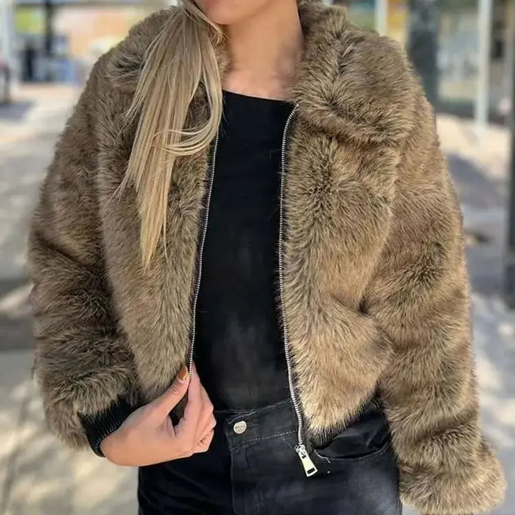 Women's Winter Coat Faux Fur Lapel Long Sleeves Loose Zipper Jackets Lady Pockets High Street Chic Warm Woman Outerwear