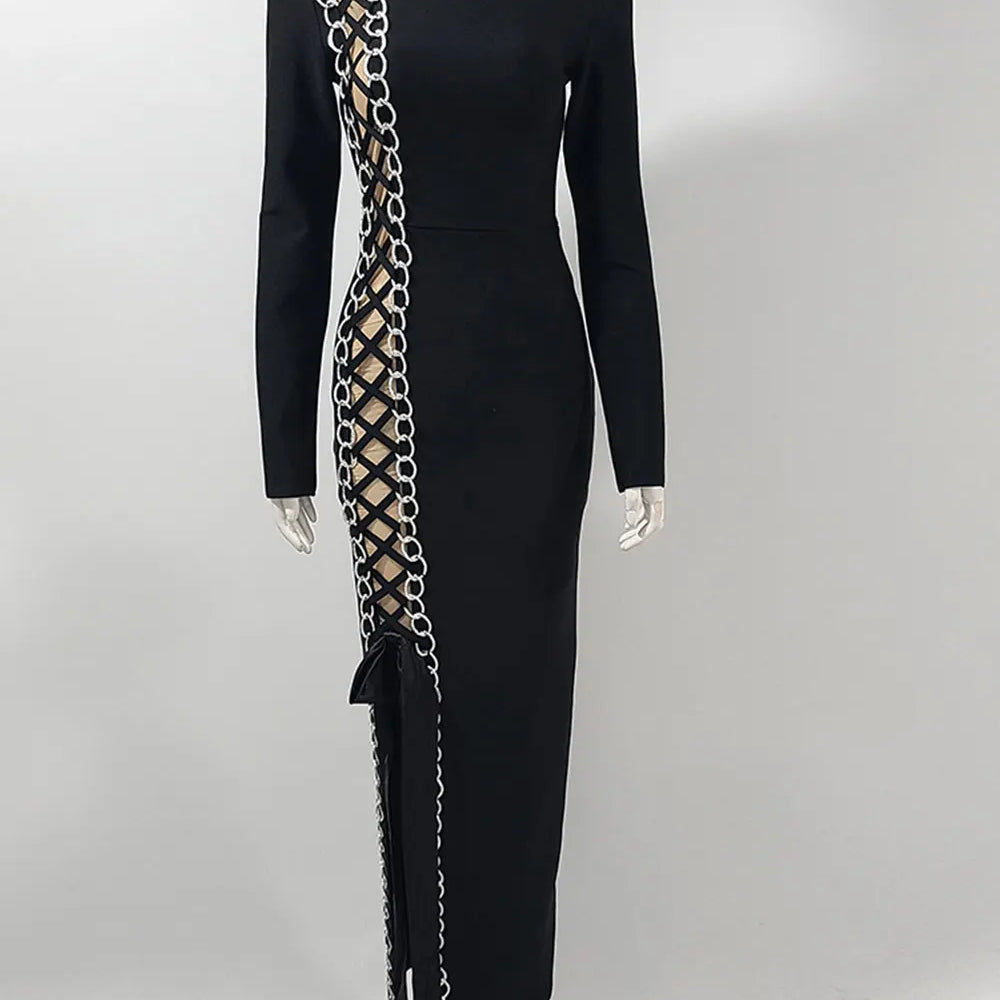 2024 Sexy Women Heavy Industry Chain Drawstring Bandage Dress O-neck Long Sleeve Bodycon Midi Split Dress Evening Party Vestidos