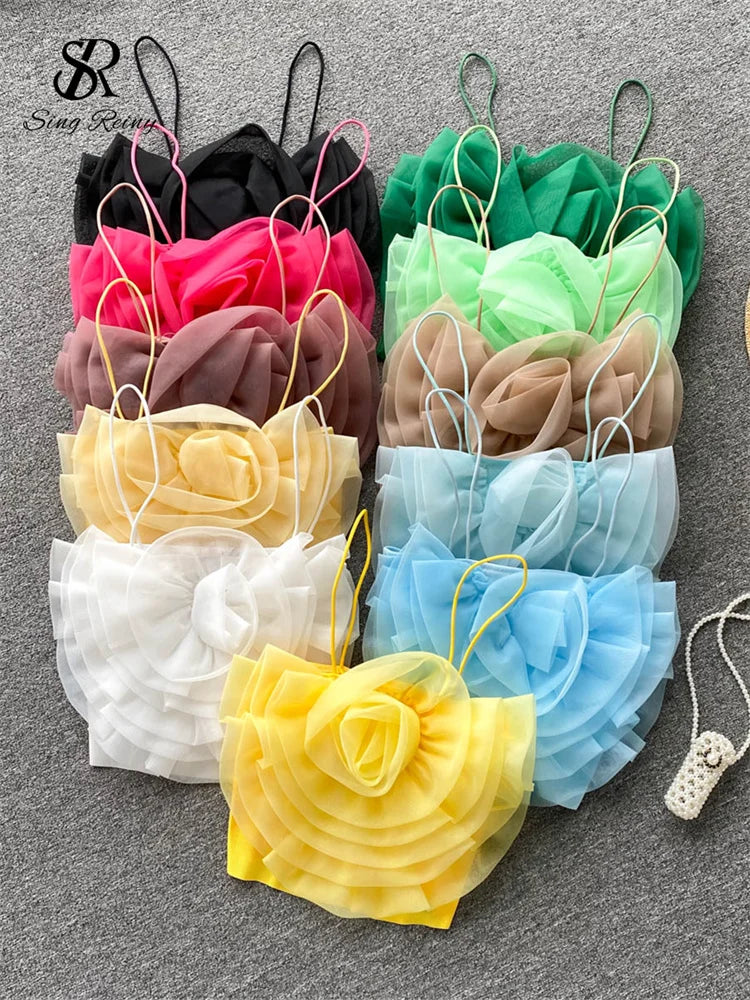 SINGREINY Female 3D Flowers Vacation Style Sexy Camis Summer Design Sheath Tops Women Solid Slim Short Streetwear Beach Camisole