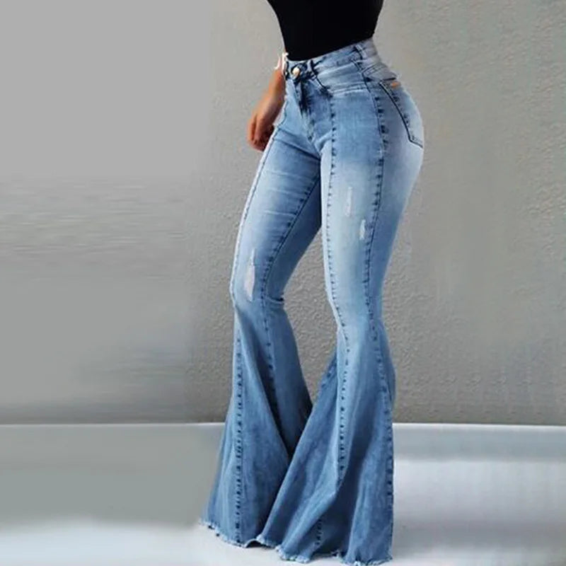 Women Jeans Slim Fit Denim Pants Bell Bottom High Waist Bootleg Jeans Stretch Female Flare Trouser Fashion Wide Leg Ripped Jeans Blue