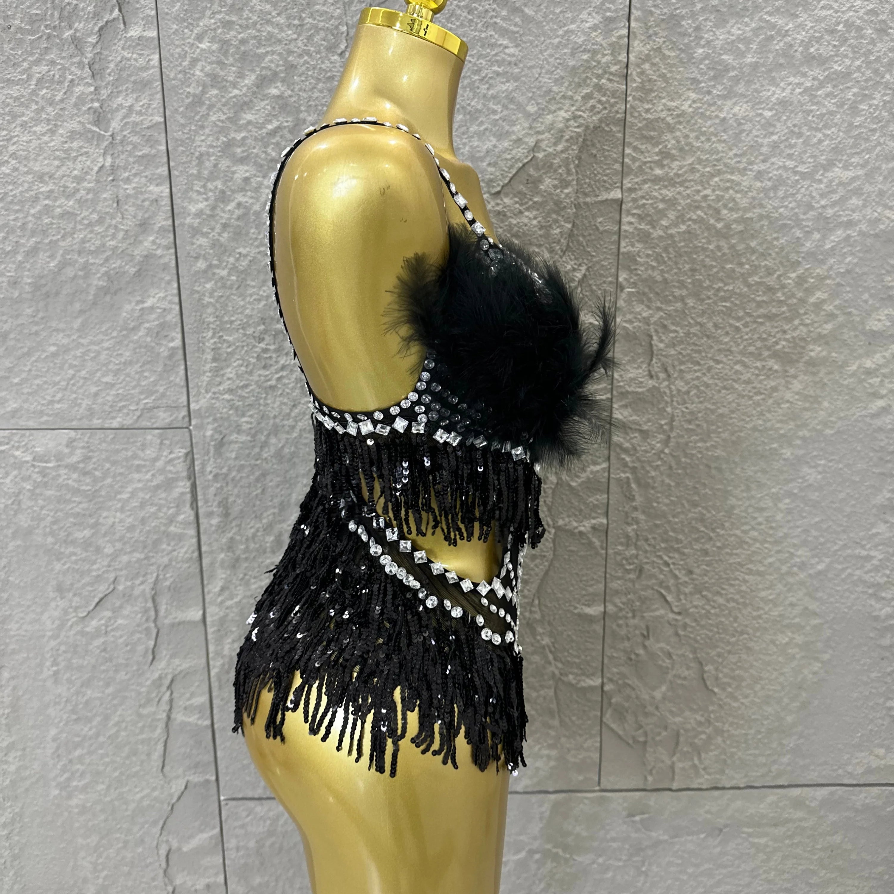 Luxurious Sheer Mesh Bodysuit Women Sexy Crystal Embellished Feather Fringe Trim Spaghetti Strap Outfit Stage Performance Outfit