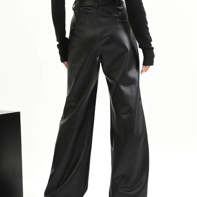 Straight Leather Pants Women High Waist PU Leather Trousers Baggy Black Female Streetwear Clothing New Fashion Ladies