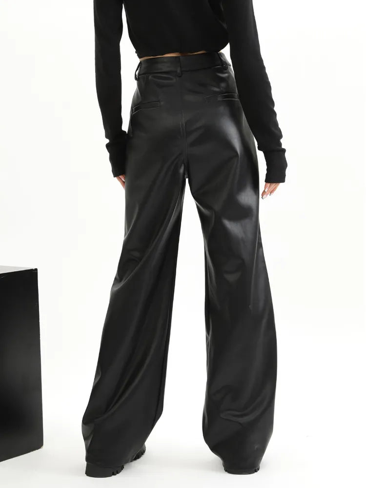 Straight Leather Pants Women High Waist PU Leather Trousers Baggy Black Female Streetwear Clothing New Fashion Ladies