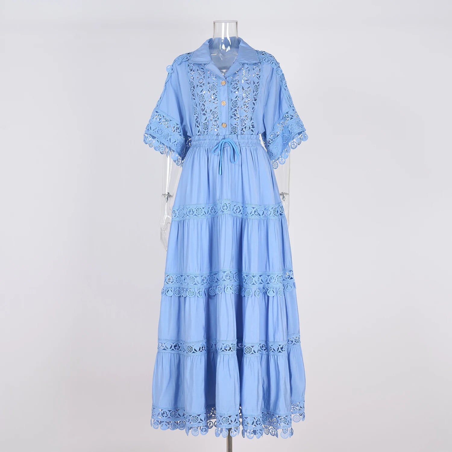 Summer Holiday Embroidery 2 Piece Sets Women Hollow Out Loose Shirt Top + Elastic Waist Maxi Skirts Suits Streetwear Y2k Outfits blue