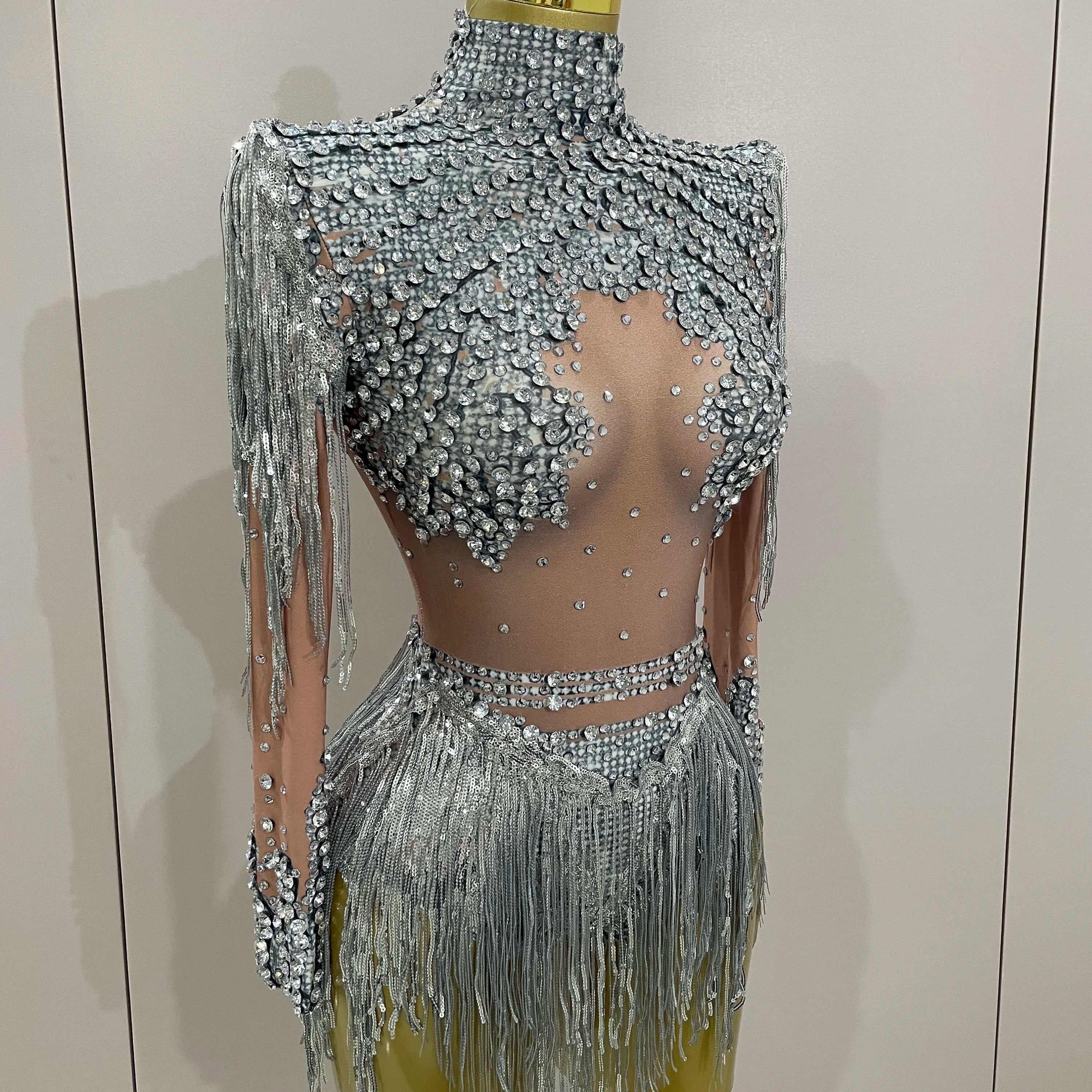 Women Sparkly Rhinestone Sequin Tassel Stretch Bodysuits 2025 Birthday Party Nightclub Dj Stage Performance Costume