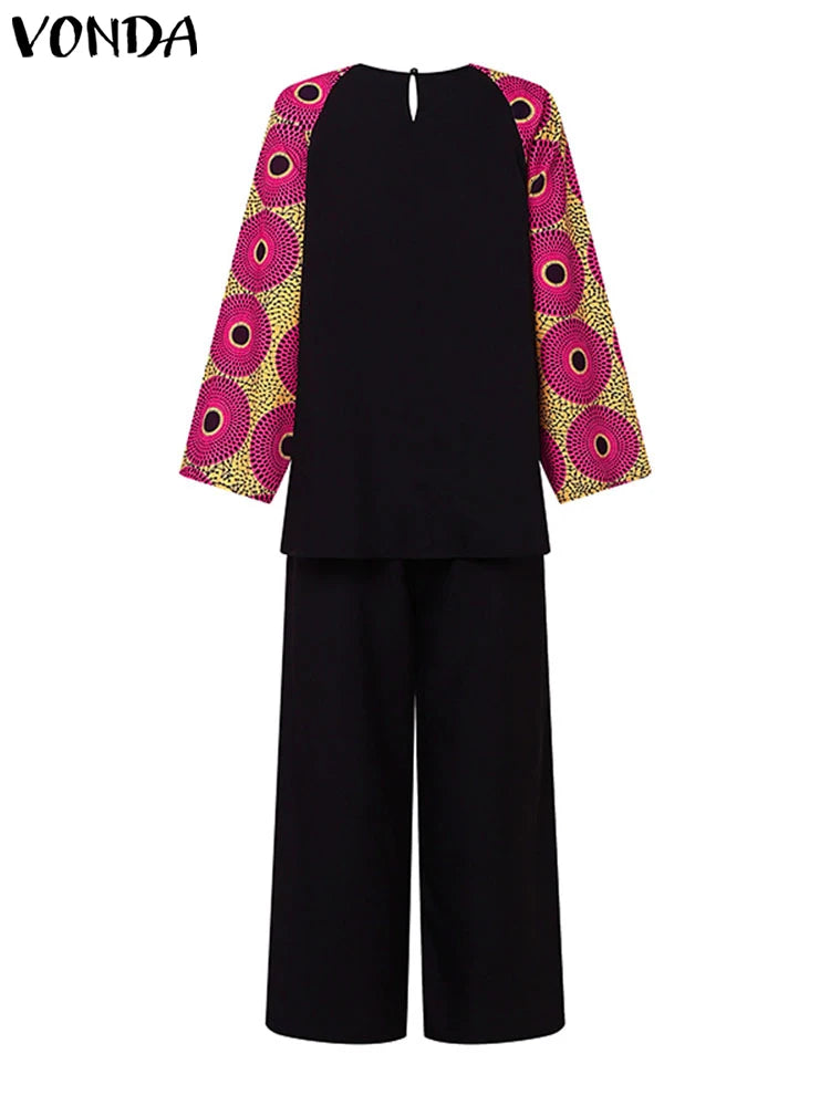 Plus Size VONDA Bohemian Style Printing Outfits Women Elegant Tops Sets O-neck Long Sleeve Casual Loose Two Piece Suits Holiday