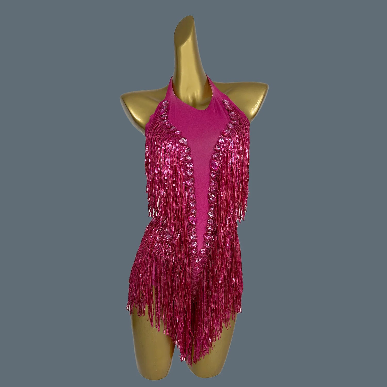 Sparkly Gold Rhinestone Tassel Tight Fit Bodysuit Women Dance Outfit Nightclub Bar Performance Costume Stage Wear Shuye Rose Red One Size