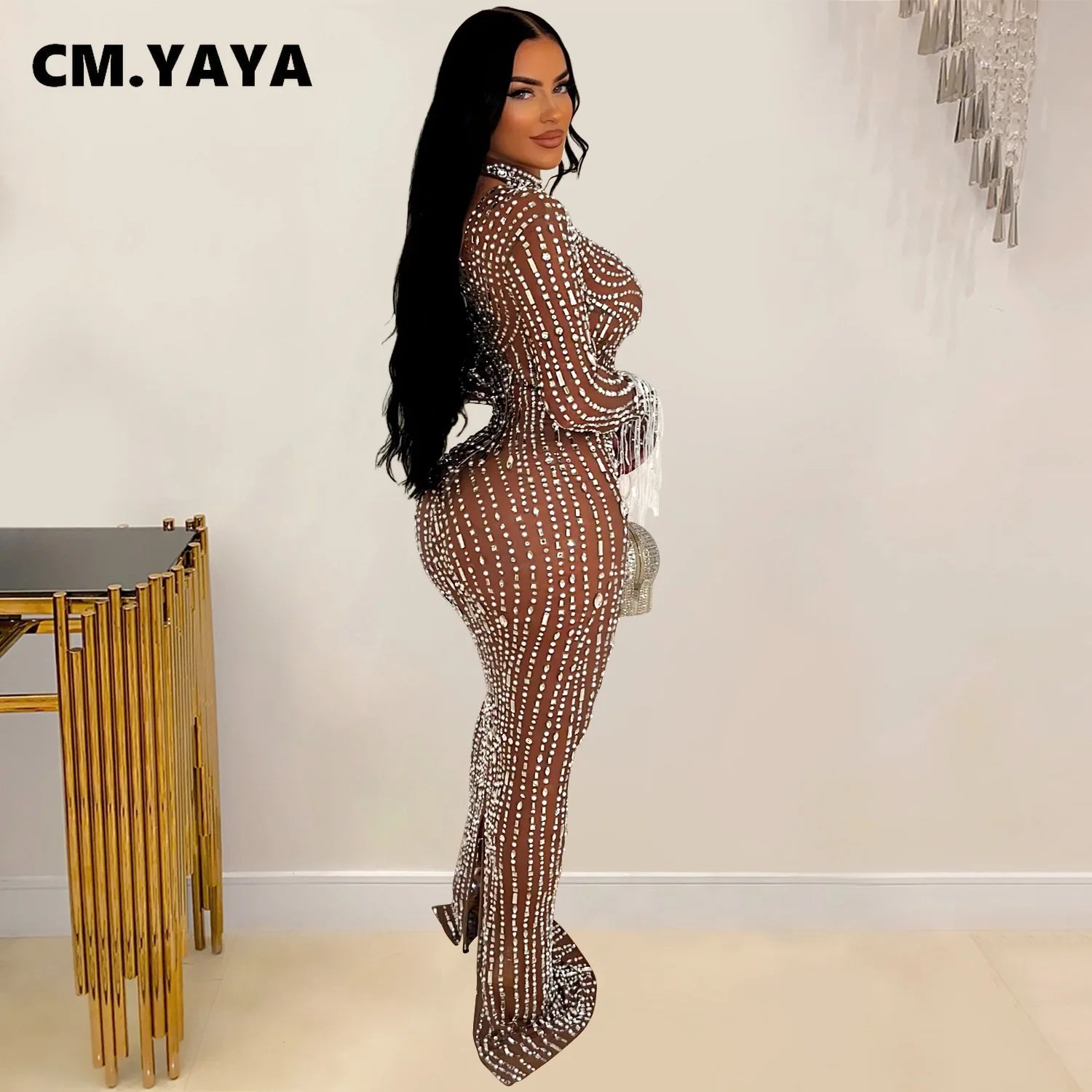 2024 Women Long Sleeve Mesh See Through Diamonds Hot Rhinestones Bodycon Dress Woman Maxi Long Evening Birthday Dresses