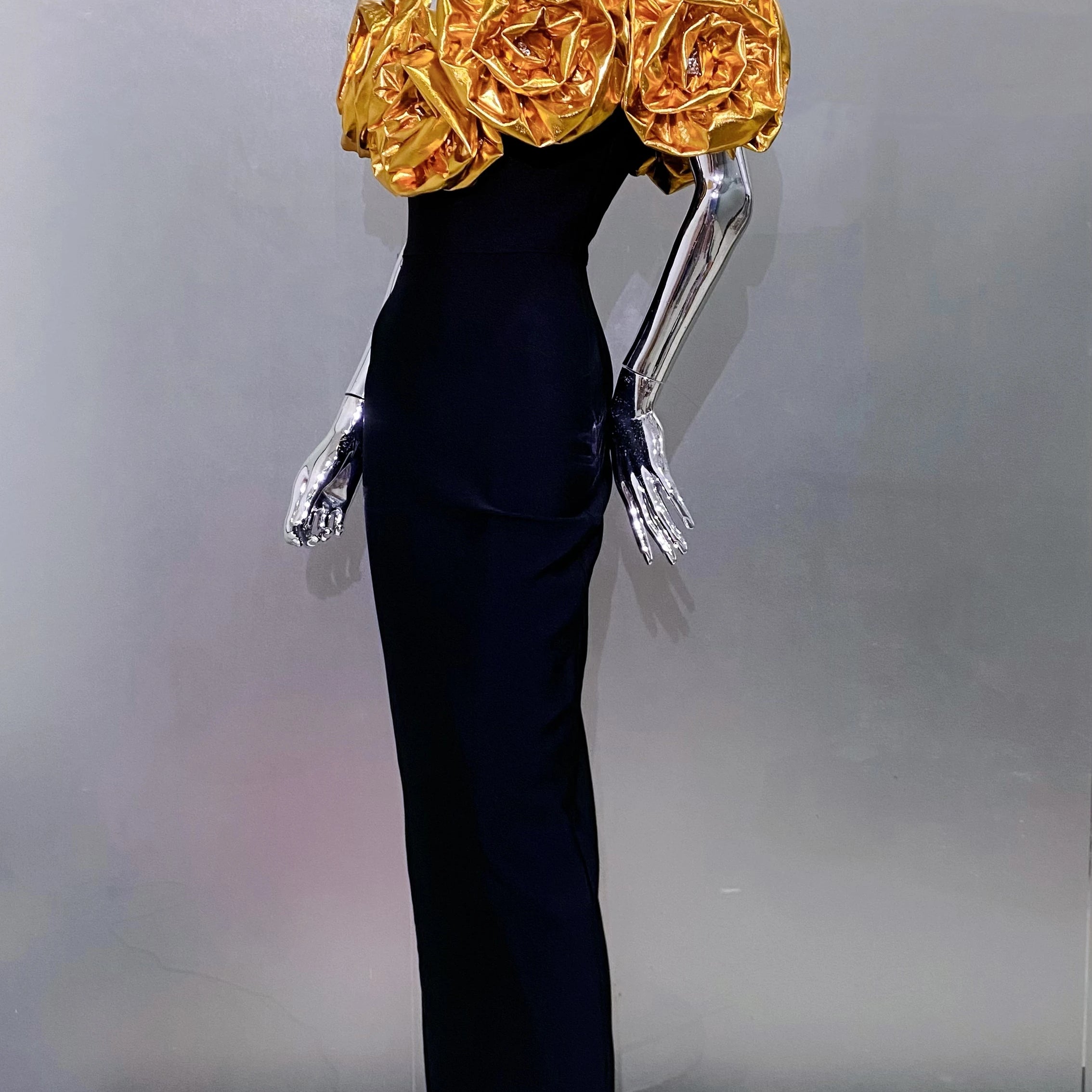 Stereoscopic Gloden Flowers Sexy Off The Shoulder Ankle Lenght Bandage Dress Woman Birthday Party Vestido Wedding Party Outfit