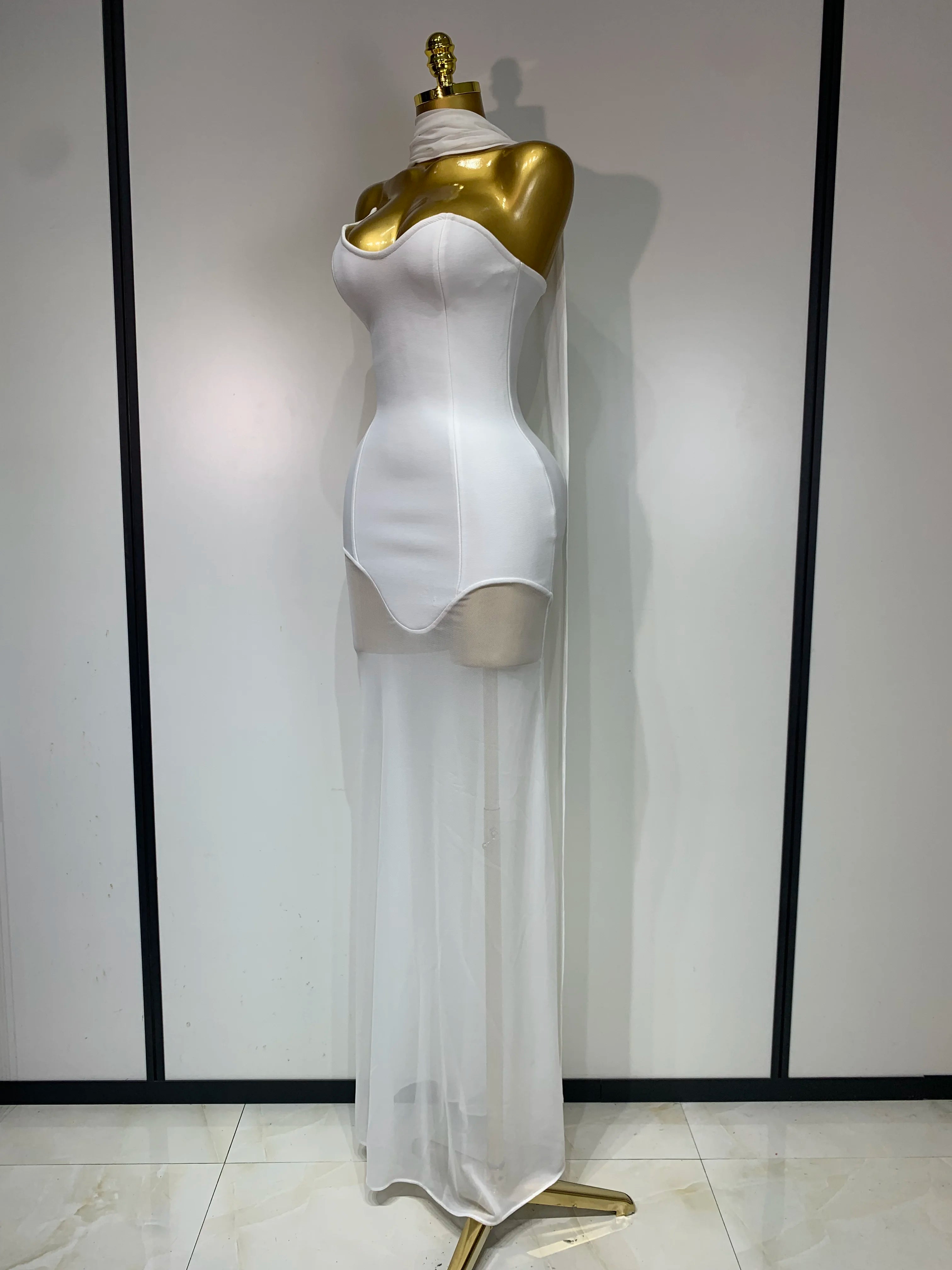 Women Sexy Strapless Mesh Patchwork Bandage Long Dress With Scarf 2025 Elegant Backless Maxi Dresses Celebrity Club Party Outfit