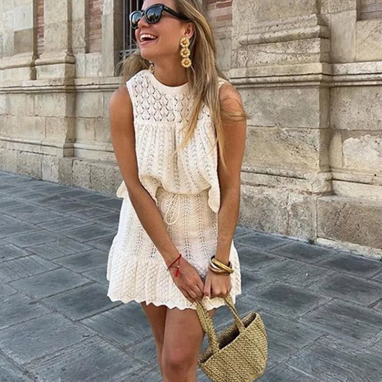 Women Knit Mesh Jacquard Skirts Sets Sweet Hollow Out O-neck Sleeveless Vest Top Summer A-Line Drawstring Mini Skirt Outfit