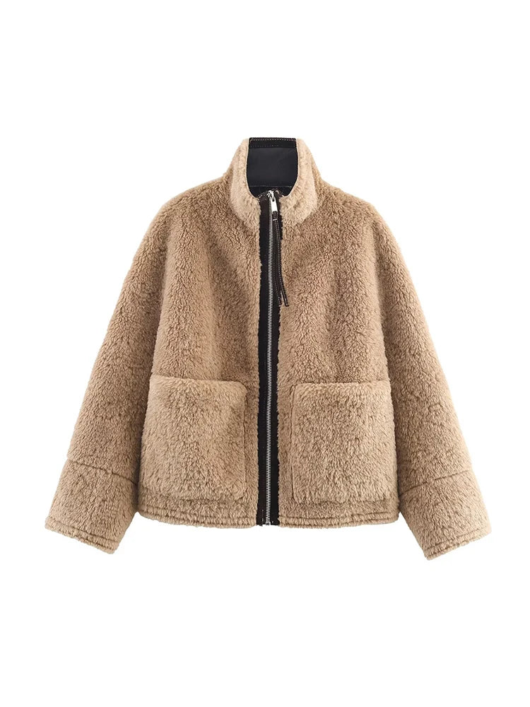 TFMLN Winter Women's Warm Leather Lamb Fur Splicing Jackets Chic Stand Collar Large Pockets Zipper Casual Fur Street Outerwear