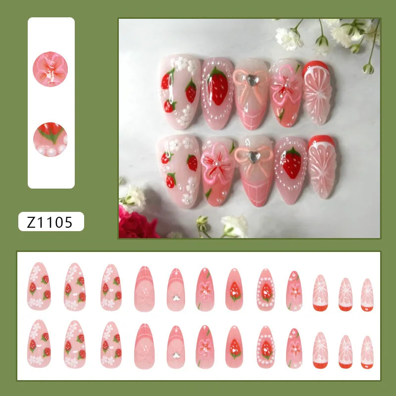 24pcs Flower Print Press on Nails Retro Color Blush Almond Fake Nail Tips Detachable Wearable Sweet Cool Spice Girl False Nails 3