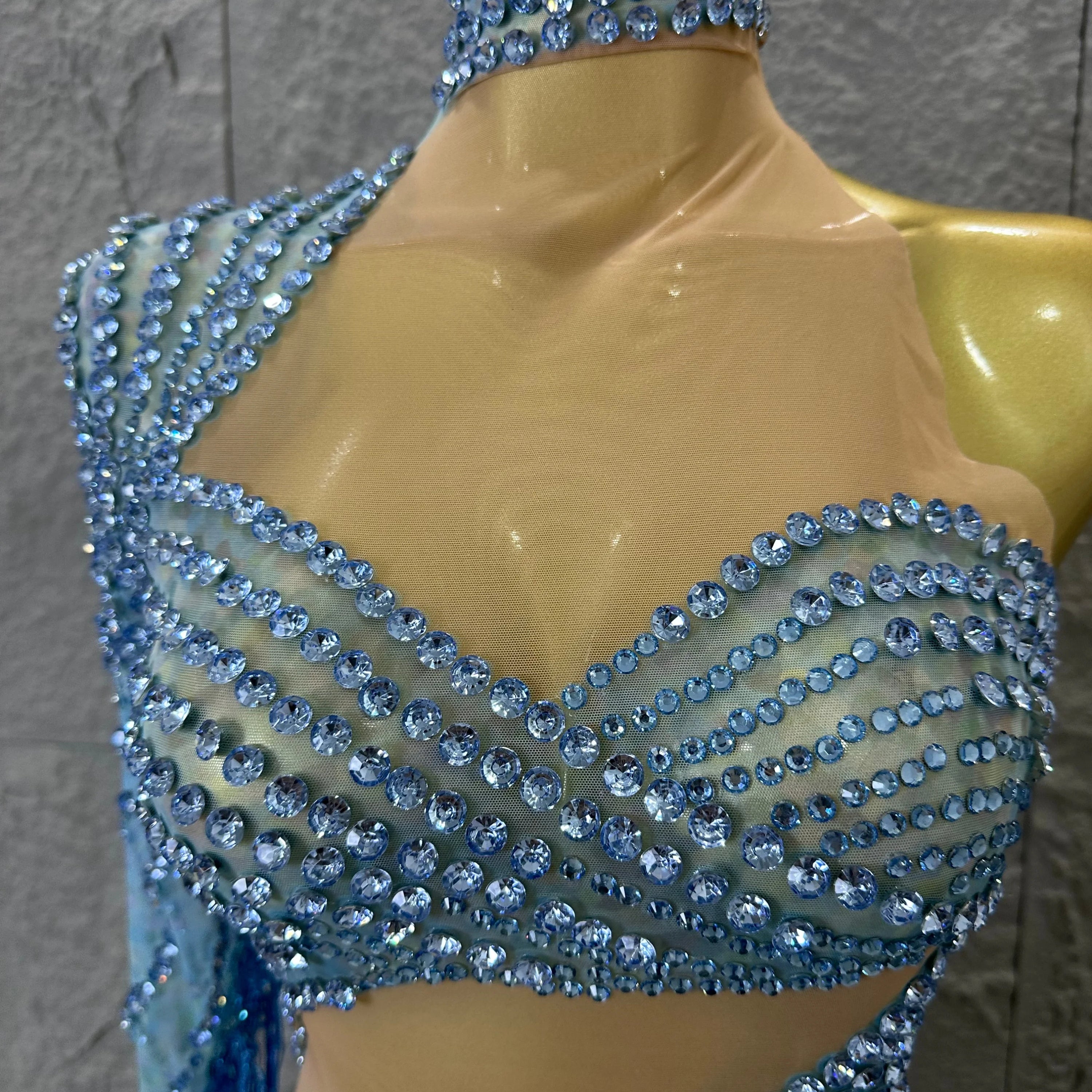 Glamorous Sky Blue One Shoulder Crystal Beaded Asymmetrical Tassel Dress Evening Birthday Nightclub Dance Banquet Outfit