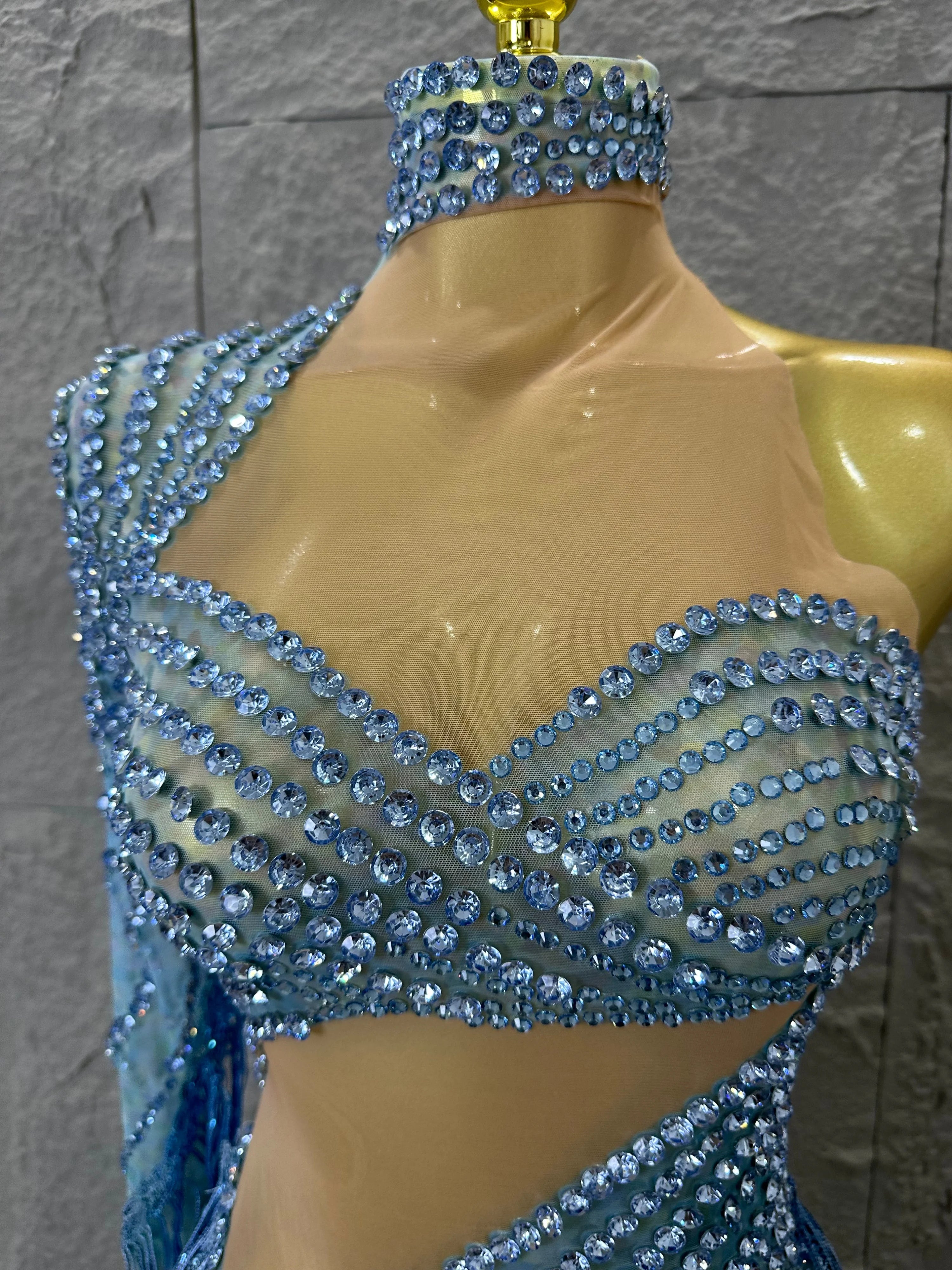 Glamorous Sky Blue One Shoulder Crystal Beaded Asymmetrical Tassel Dress Evening Birthday Nightclub Dance Banquet Outfit
