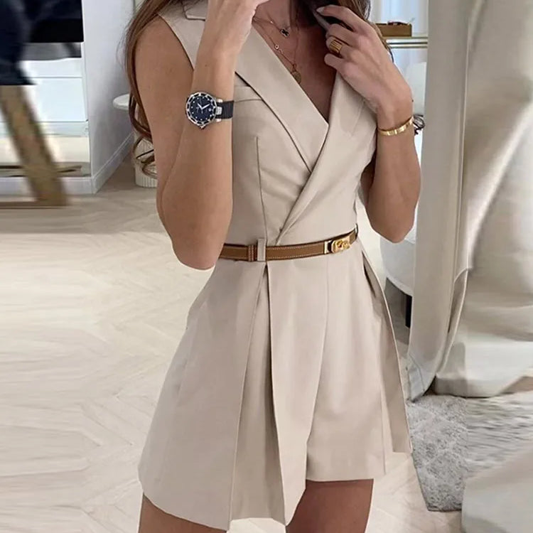 Elegant Women's Jumpsuit With Belt Fashion Sleeveless Turndown Collar Slim Short Jumpsuits Female Sping Summer Lady Romper apricot