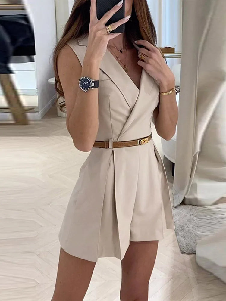 Elegant Women's Jumpsuit With Belt Fashion Sleeveless Turndown Collar Slim Short Jumpsuits Female Sping Summer Lady Romper apricot