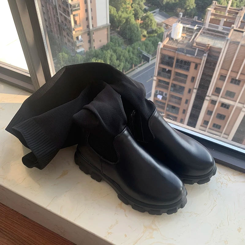 Women's Cotton Boots Winter Autumn Over The Knee Long Tube Leather Knitted Stitching Boots Fashion Female shoes