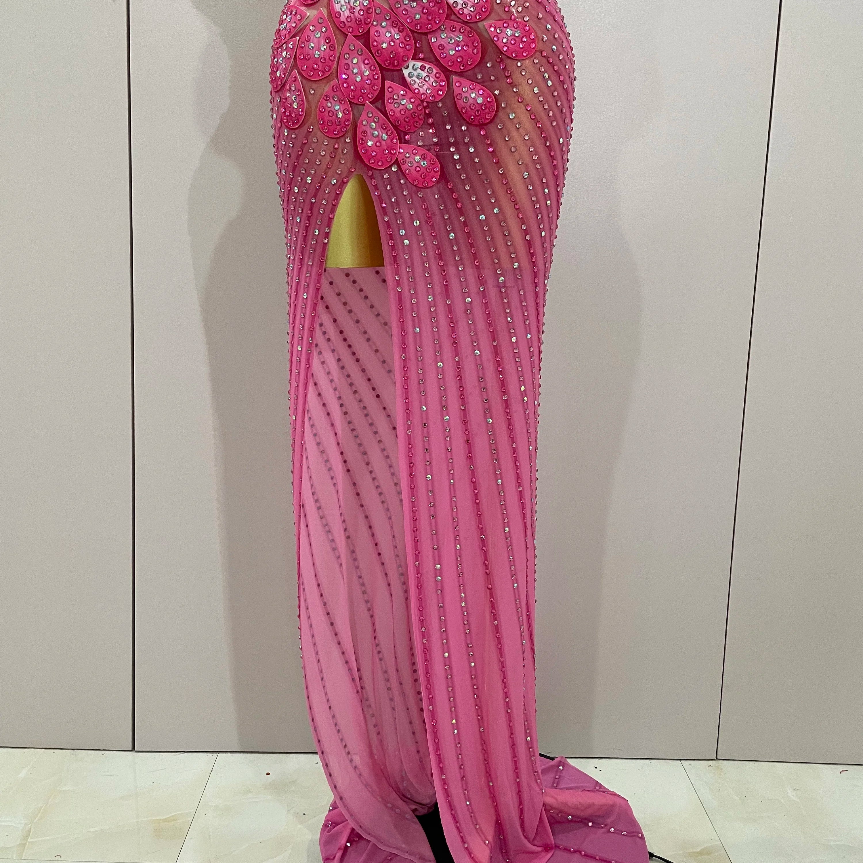 Luxury Shinning Rhinestones Flowers Sexy One Shoulder Bodycon Maxi Long Dress 2025 Women Evening Birthday Party Stage Costume