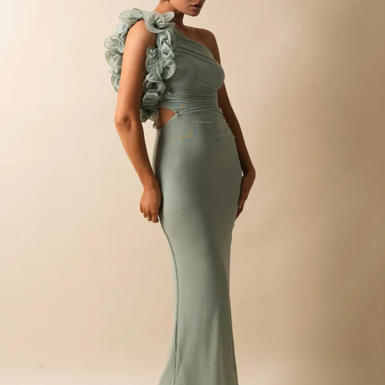 Mozision Shoulder Floral Mesh Ruched Sexy Maxi Dress For Women Gown Oblique Shoulder Sleeveless Backless Bodycon Long Dress