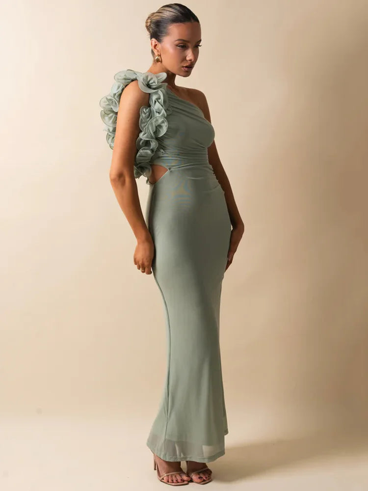 Mozision Shoulder Floral Mesh Ruched Sexy Maxi Dress For Women Gown Oblique Shoulder Sleeveless Backless Bodycon Long Dress