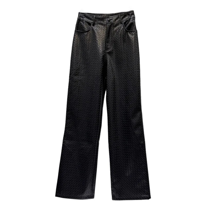 Winter New Fashion Plaid PU Leather Design Straight Pants For Women Black High Waist Streetwear Casual Pant 11A07828