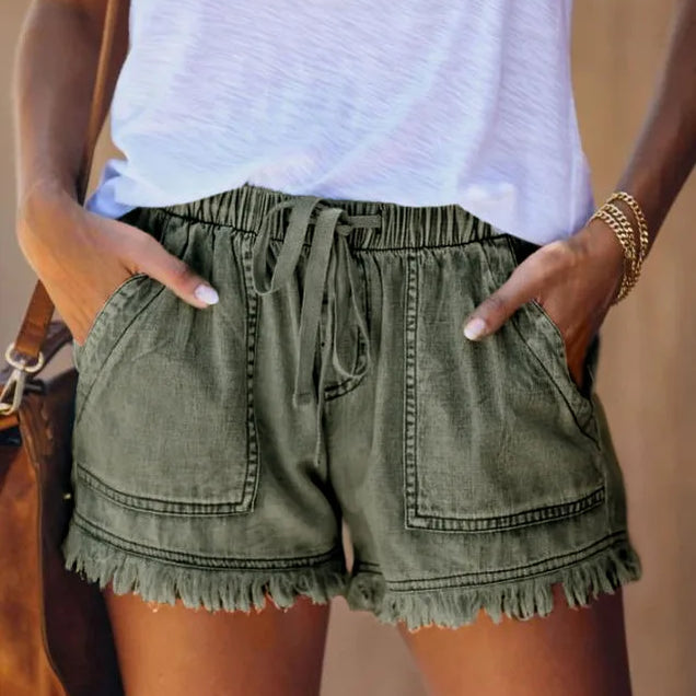 Plus Size High Waist Elastic Drawstring Jeans Shorts Women's Summer New Arrival Army Green