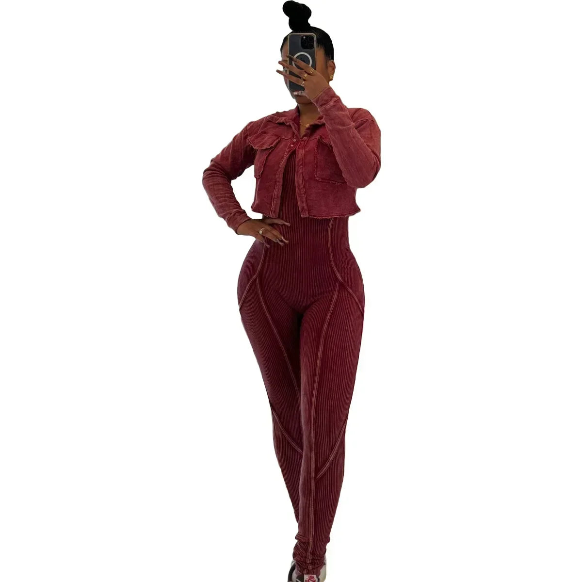 Fashion Women's Set Washed Knitted Long Sleeve V-neck Coats+pencil Jumpsuits Active Two 2 Piece Set Outfits Tracksuit Burgundy