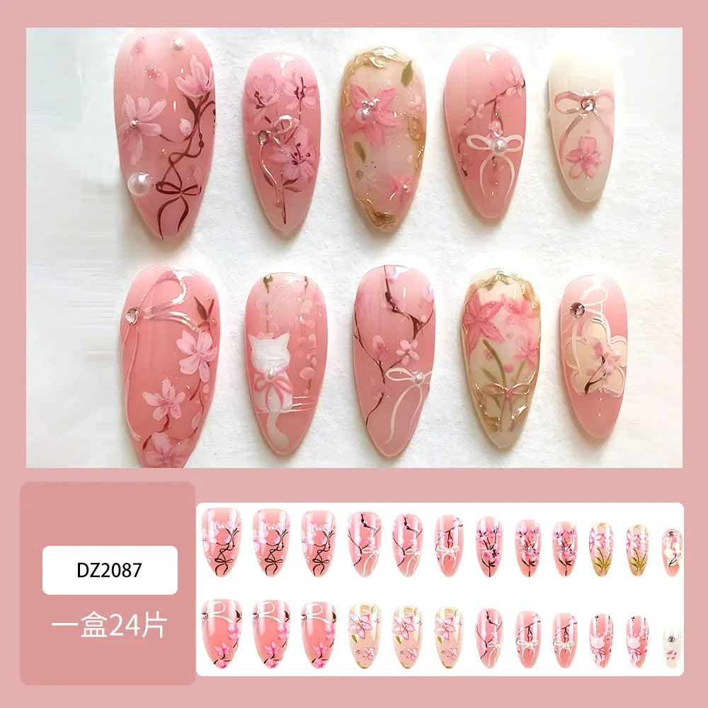 24pcs Sweet Pink Flower Press on Nails Ins Pink Blush Almond False Nails Wearable Reusable Fashion Korean Fake Nails for Women 1