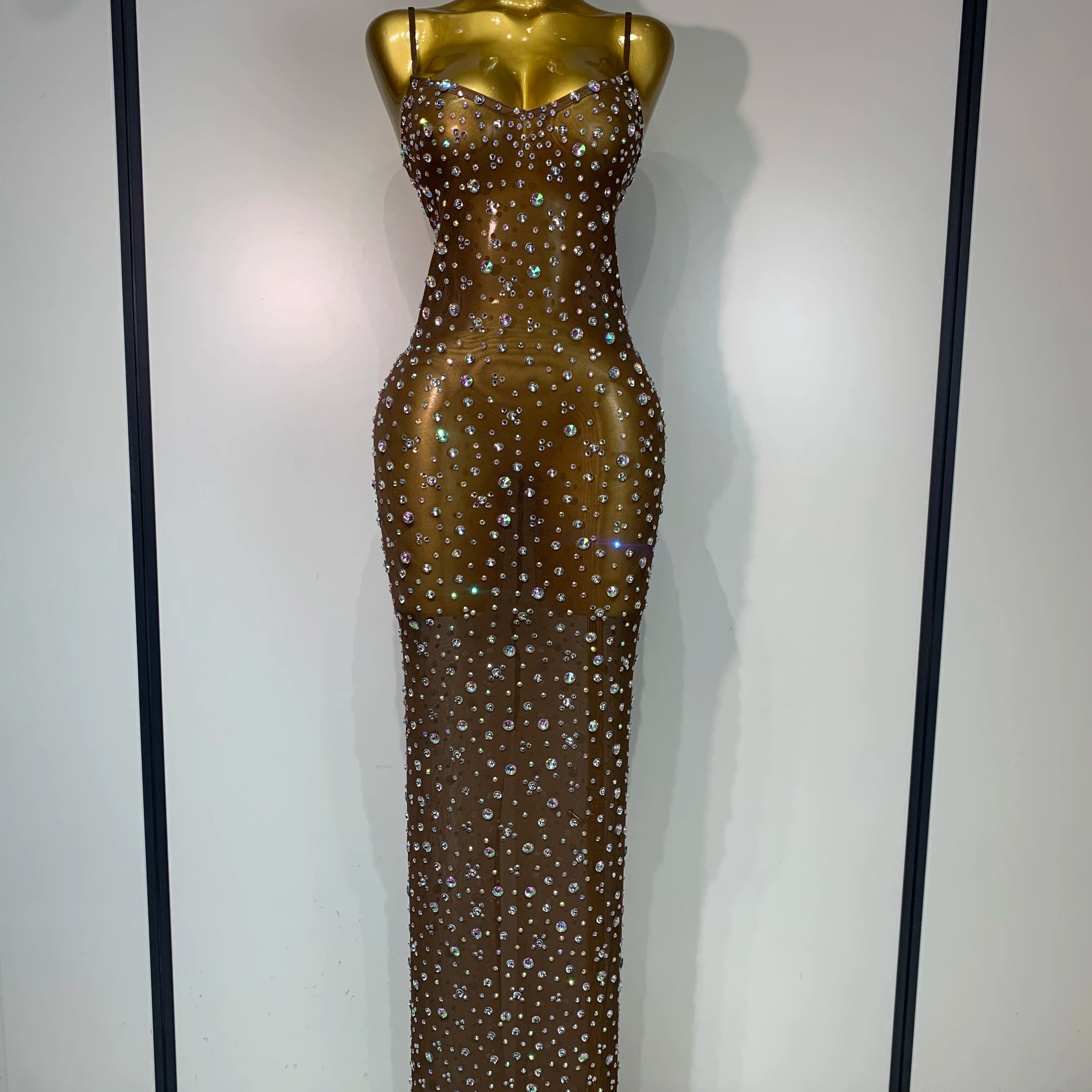 Sparkly Rhinestone Stretchy Mesh See Through Dress Women 2025 Performance Dancer Costume Luxury Birthday Nightclub Stage Outfit Dark Brown