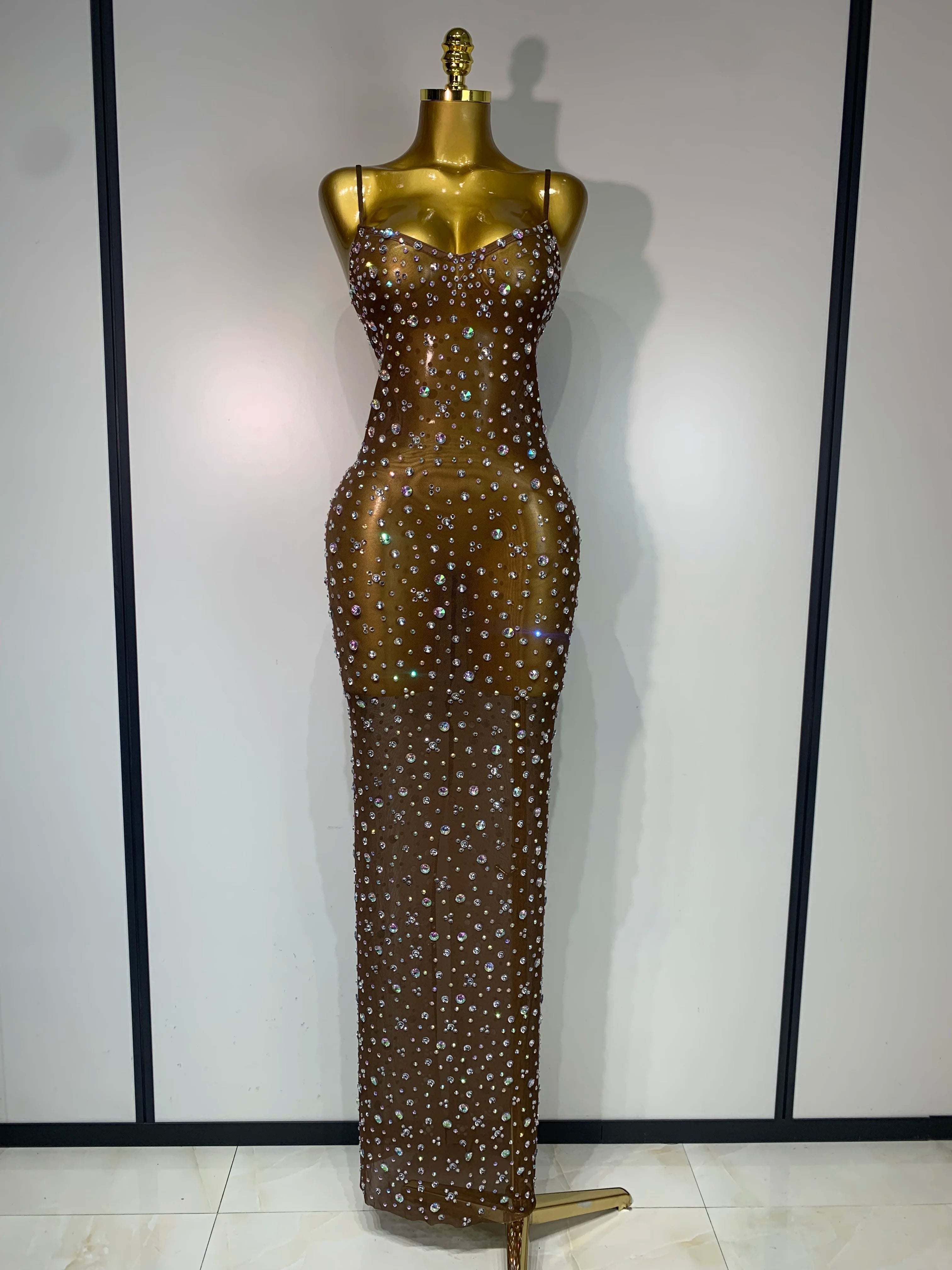 Sparkly Rhinestone Stretchy Mesh See Through Dress Women 2025 Performance Dancer Costume Luxury Birthday Nightclub Stage Outfit Dark Brown