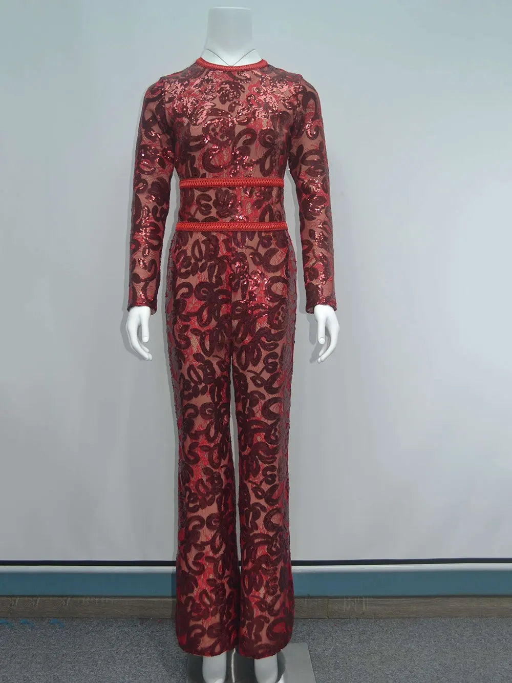 2025 Women'S Light Luxury Sequin Patchwork Bandage Jumpsuit O-Neck Long Sleeved Waistband Flared Jumpsuit Pants Party Jumpsuit Claret