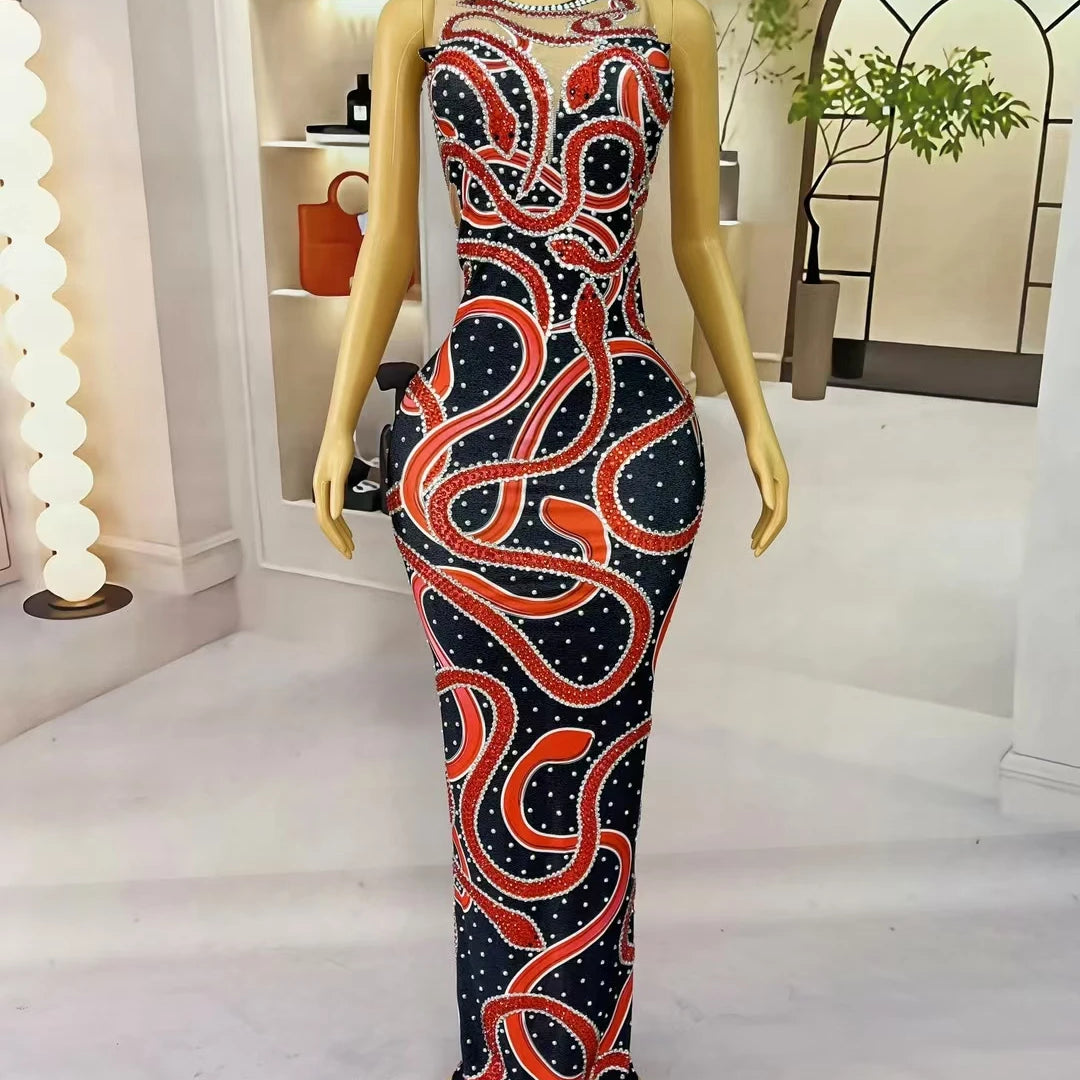 Sexy Red Snake Pattern Sparkly Rhinestone Party Maxi Dress For Women Club Show Skinny Chic Dress Event Evening Dress Hongshewu