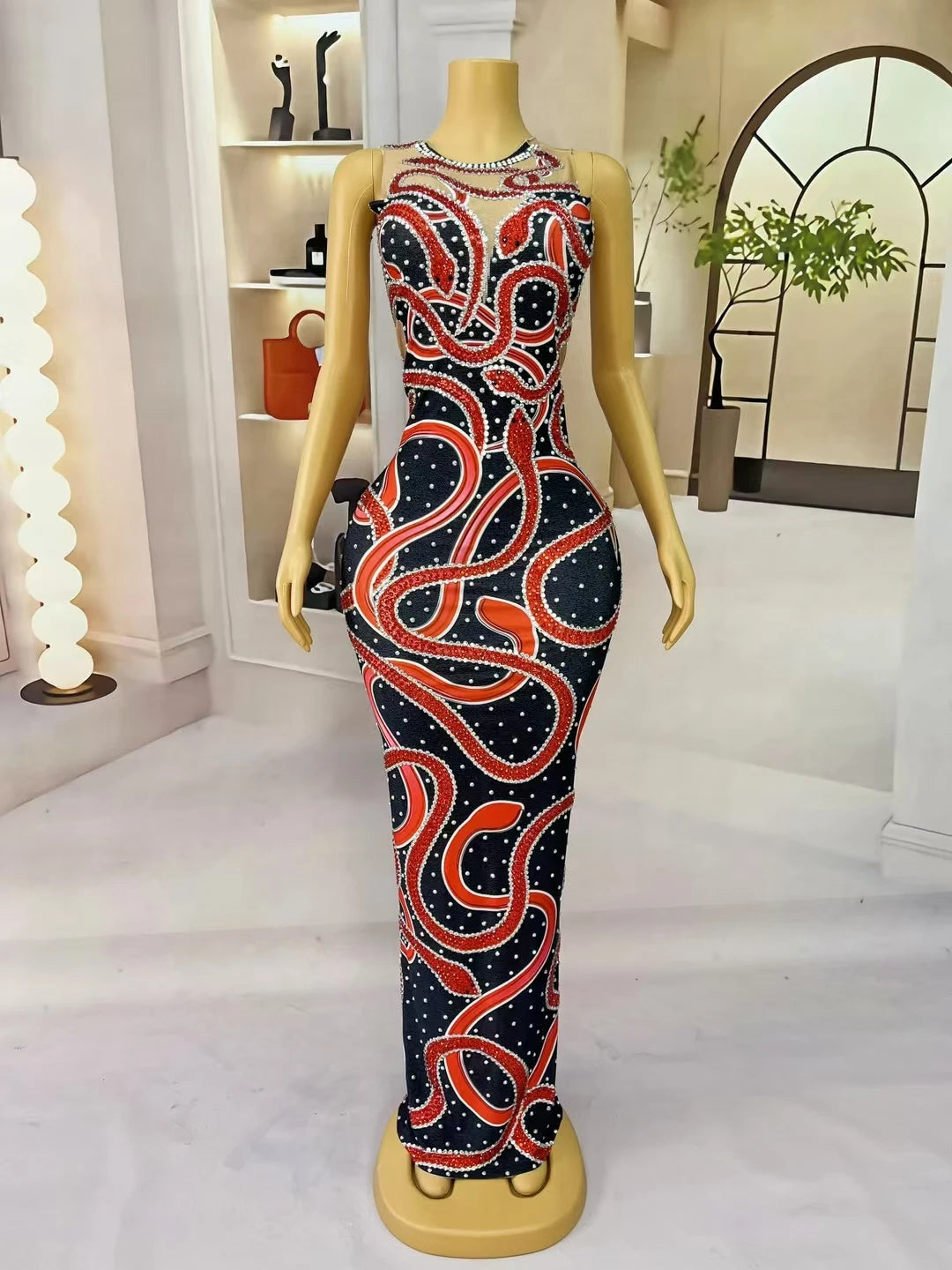 Sexy Red Snake Pattern Sparkly Rhinestone Party Maxi Dress For Women Club Show Skinny Chic Dress Event Evening Dress Hongshewu