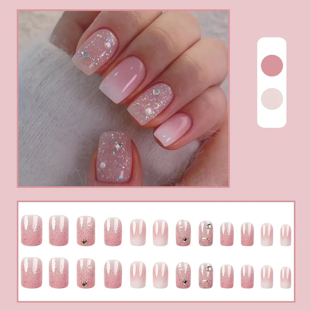 24pcs/set Short Medium fake nails for women girls gradient shiny glitters heart french Square almond tips Press on false nail 2292