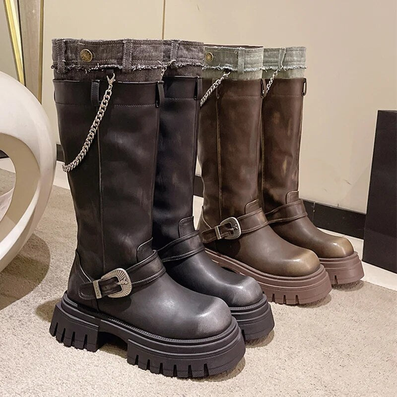 Platform Women Chain Shoes Flats Trend Chelsea Boots Brand Winter 2024 New Gladiator Motocycle Boots Punk Knee High Mujer Botas