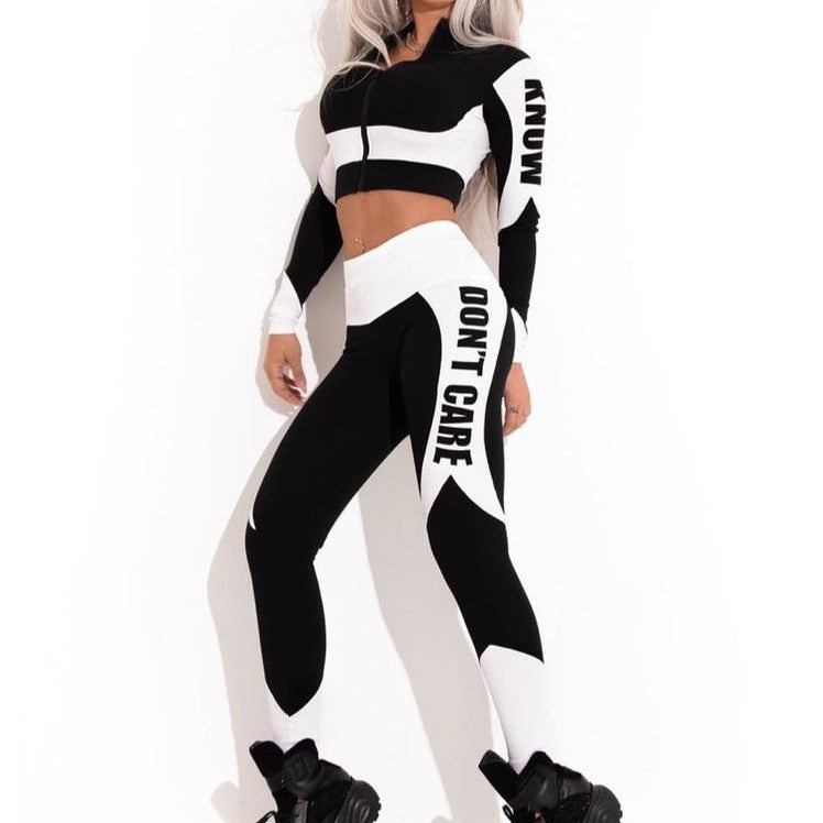 Uoozee Female Fashion Contrast Color Long Sleeves ZipperTops&Letter Print Leggings Sports Yoga Suits Activewear For Women BLACK WHITE