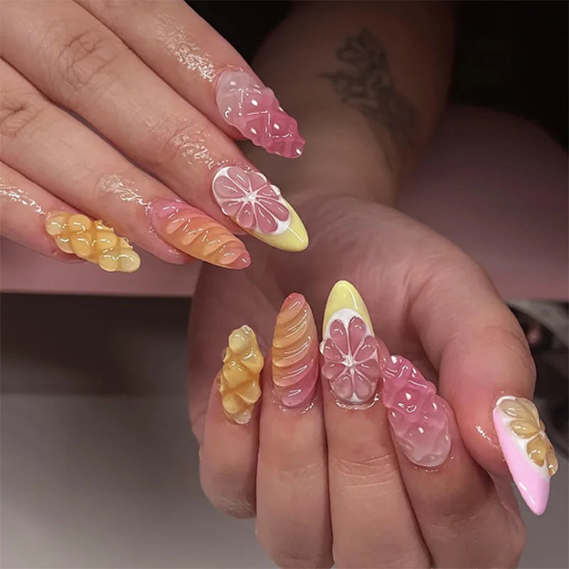 24Pcs Fresh Almond Press on Fake Nails with 3D Fruit Simple Lemon Orange Designs French Nail Wearable Full Cover False Nail Tips 2