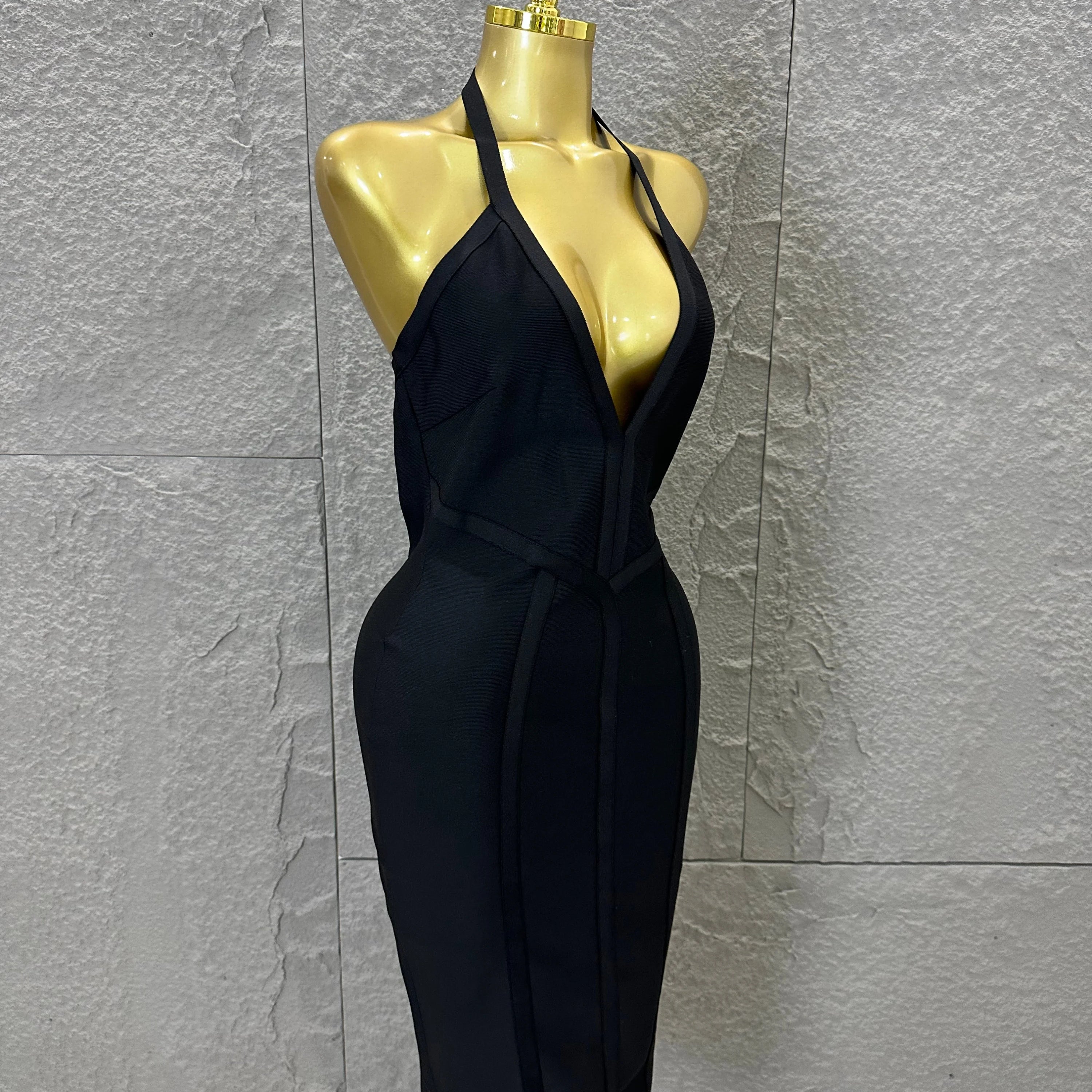 Elegant 2026 Brown Bandage Midi Dress Women Sexy Halter Neck Deep V Bodycon Evening Party Costume Cocktail Party Costume
