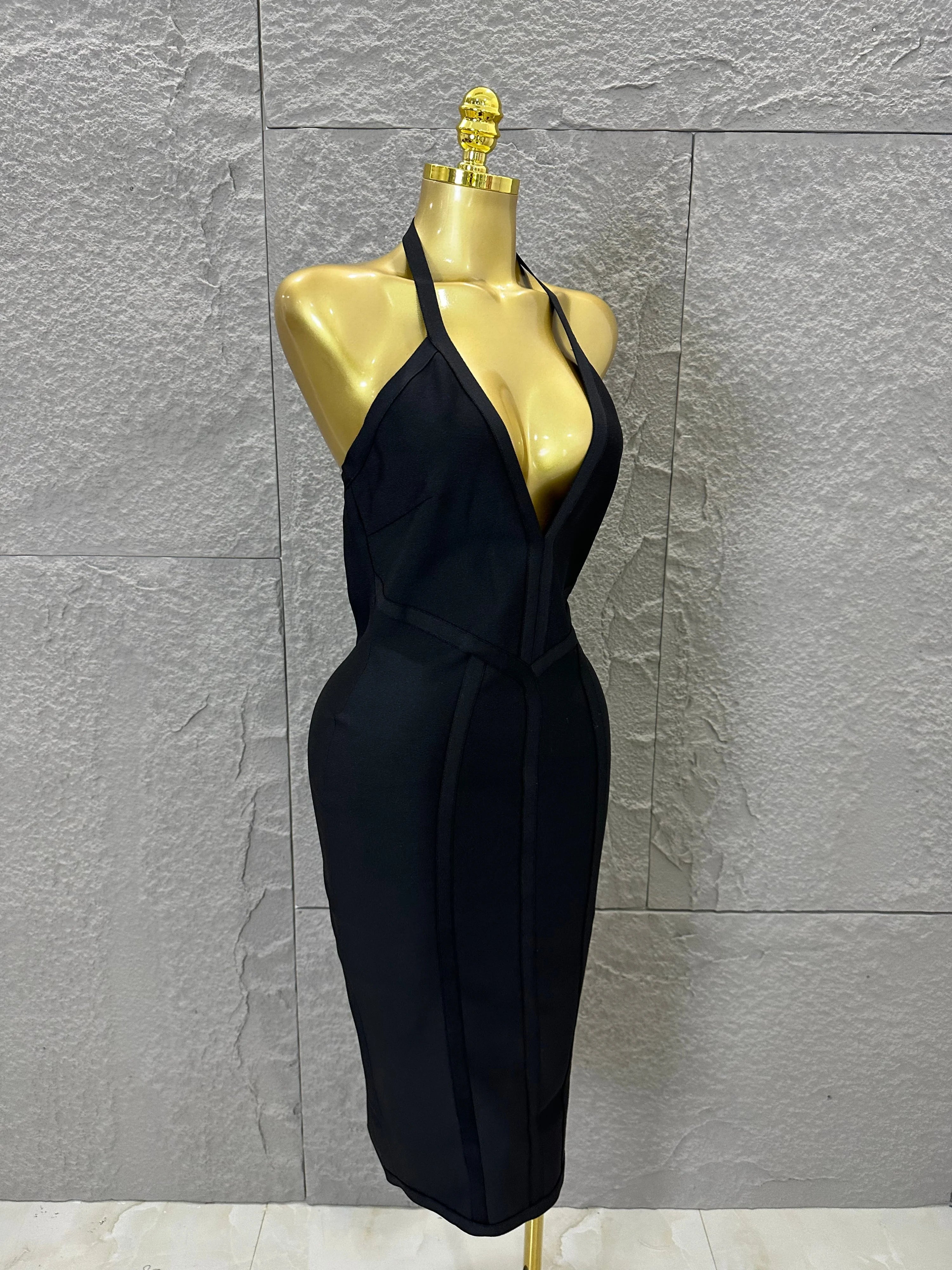 Elegant 2026 Brown Bandage Midi Dress Women Sexy Halter Neck Deep V Bodycon Evening Party Costume Cocktail Party Costume