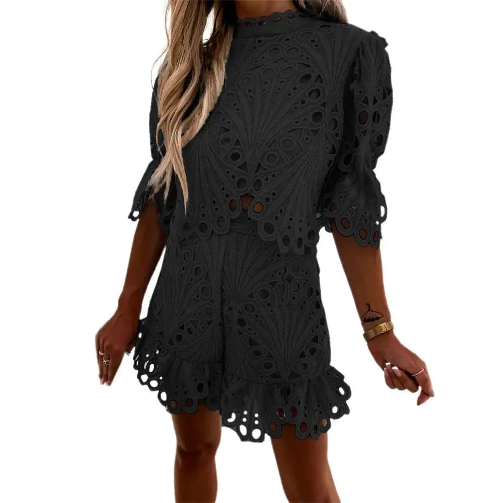Women Outfit Solid Color Laciness Flare Sleeves Hollow Out Top Shorts Outfits Elegant Lace T-shirt Shorts Set Women's Clothing Black
