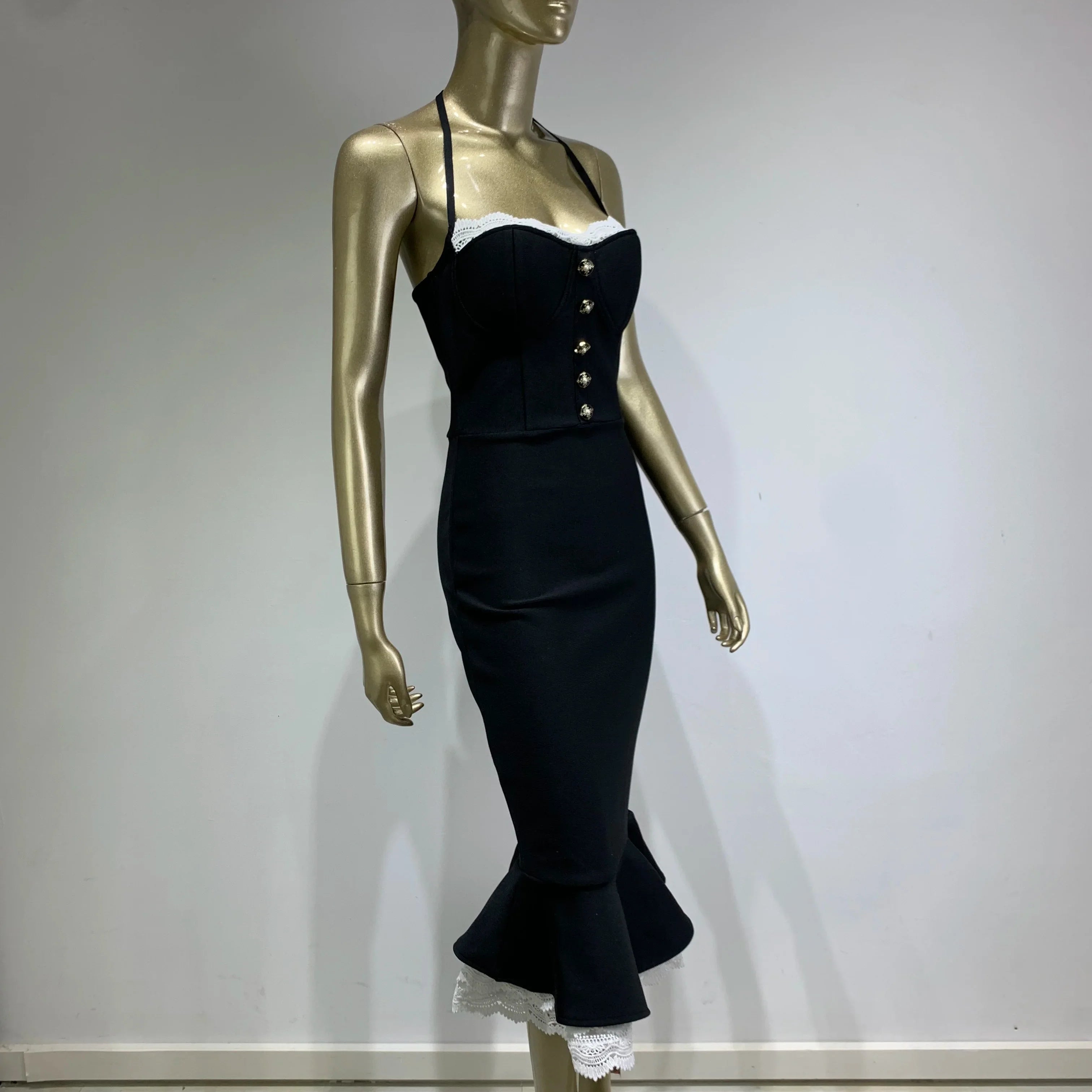 Women Celebrity Sexy Backless Halter Black Mermaid Midi Bodycon Bandage Dress Elegant Evening Club Party Dress