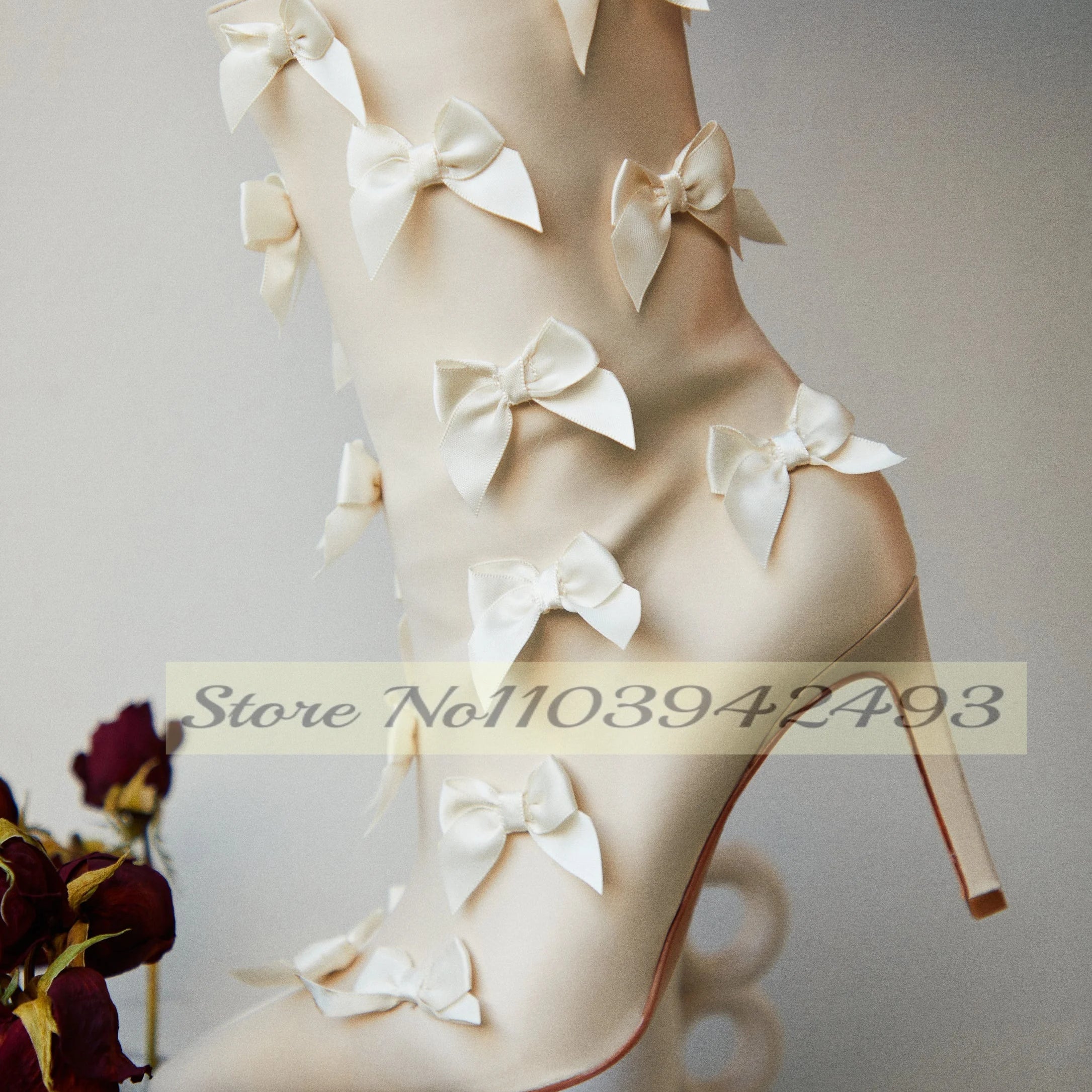 White Satin Butterfly-Knot Boots Pointed Toe Mid Calf Botas Stiletto Shoes Gentle Concise Autumn Winter 2025 Women Dress Zapatos