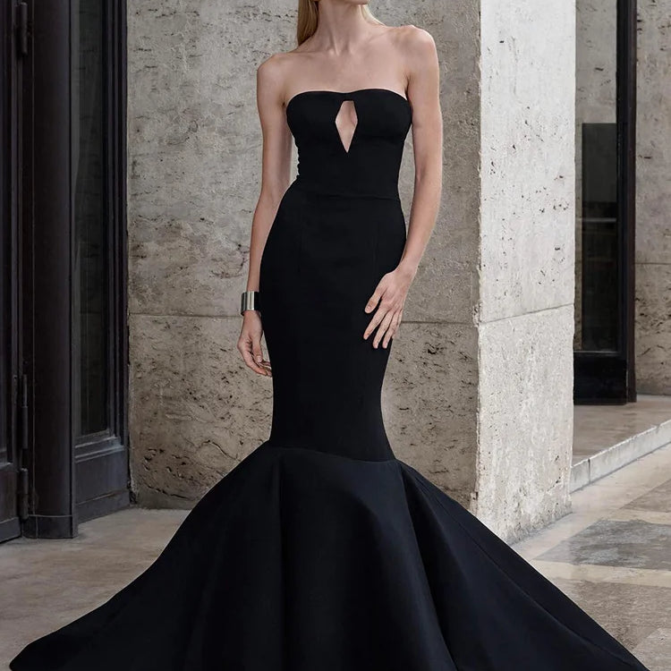 VC Black Sleeveless Mermaid Bandage Long Dress Sexy Key Hole Open Back Floor Length Court Train Gown Evening Party Wear