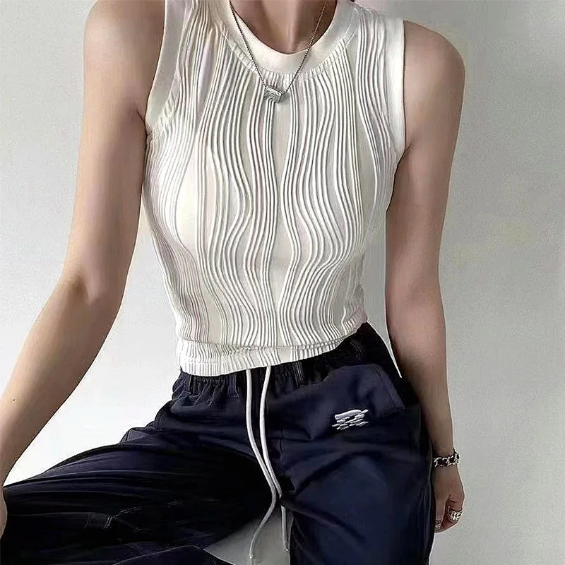 Summer Chic Knitted Vest for Women Fashion Summer Elastic Slim White Tank Top Female Basic Sleeveless Top Women's Clothing WHITE One Size